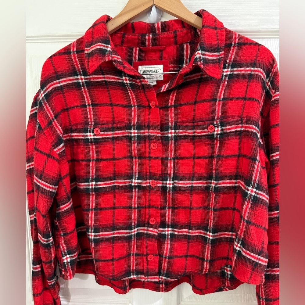 American Eagle Outfitters Red Plaid Cropped Shirt Holiday punk Christmas tartan